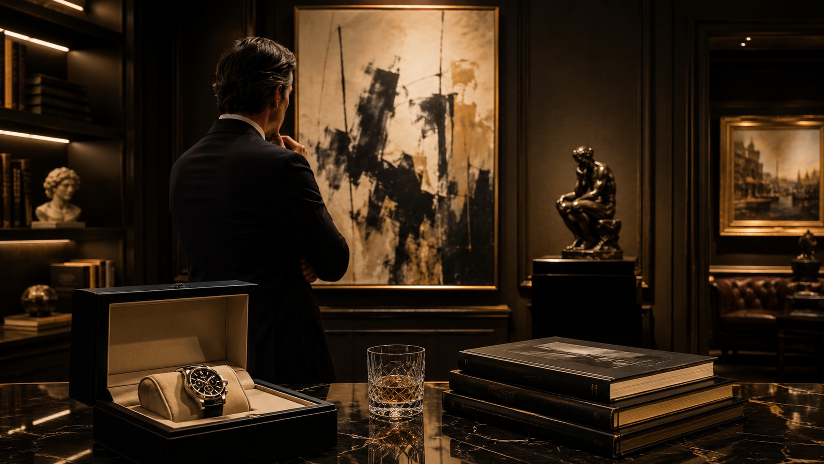 A collector contemplating a painting in a private gallery beside a cased luxury watch