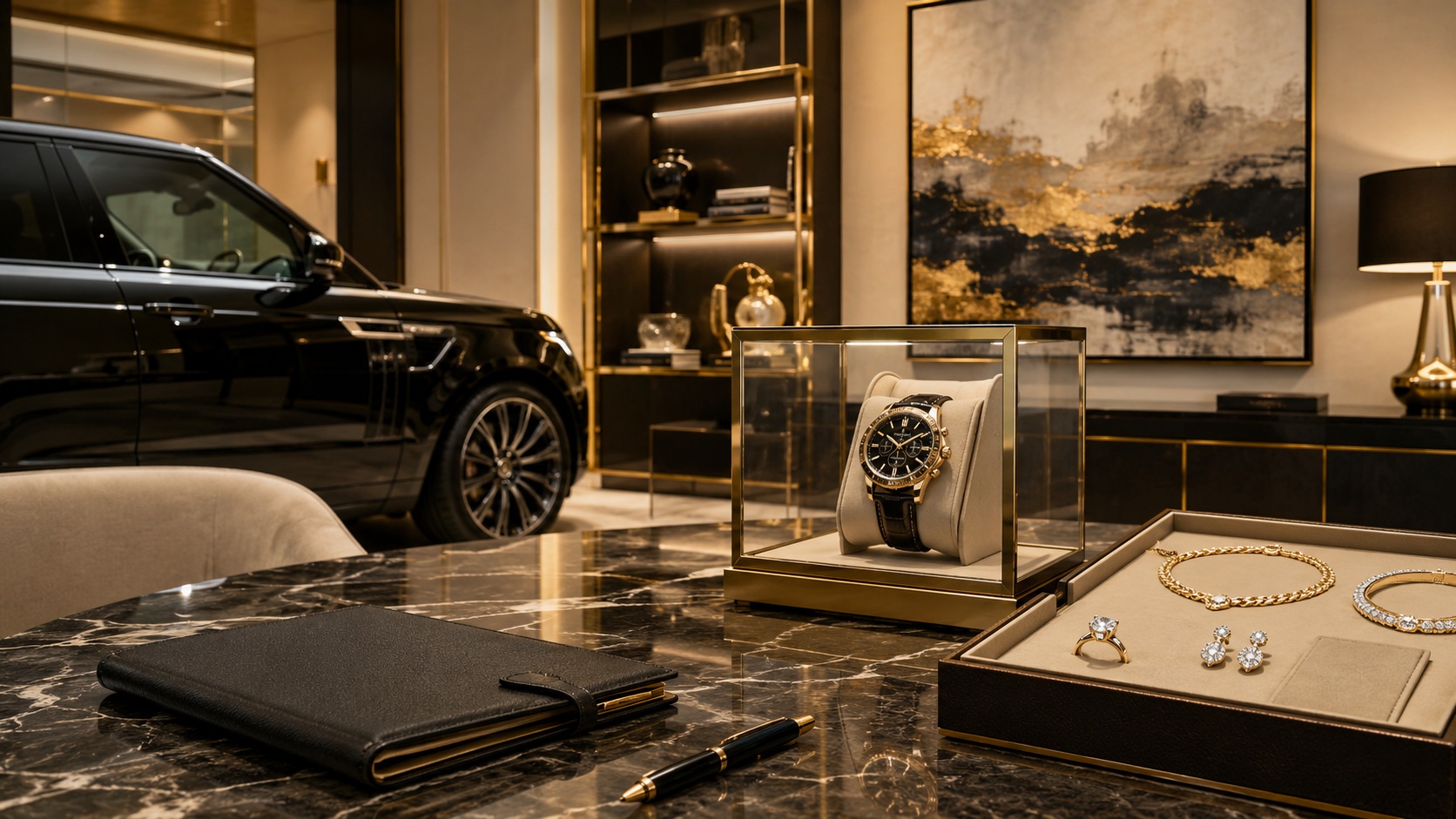 A luxury vehicle, fine timepiece, and diamond jewelry displayed together as collateral assets