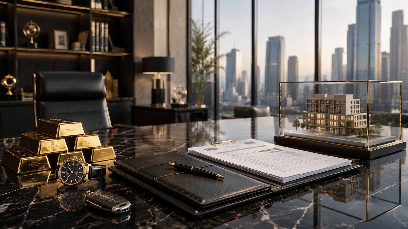 A private office desk with gold bullion, a luxury watch, and loan documents, illustrating asset-backed lending